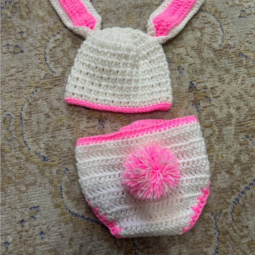 Crocheted Bunny Ear Hat White and Pink
